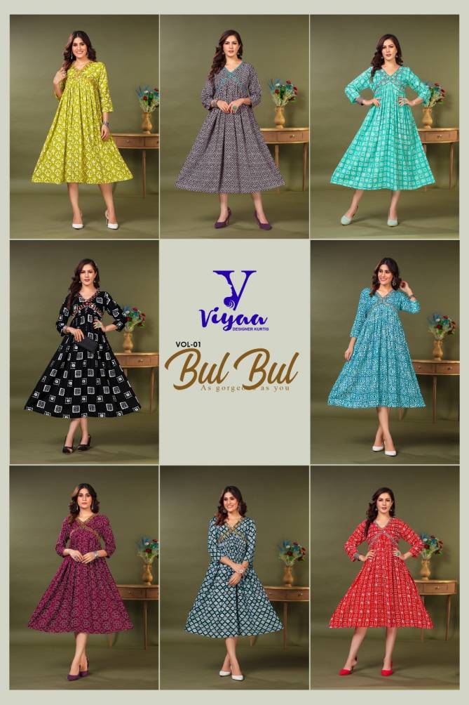 Viyaa Bul Bul Rayon Alia Cut Designer Kurtis Catalog
